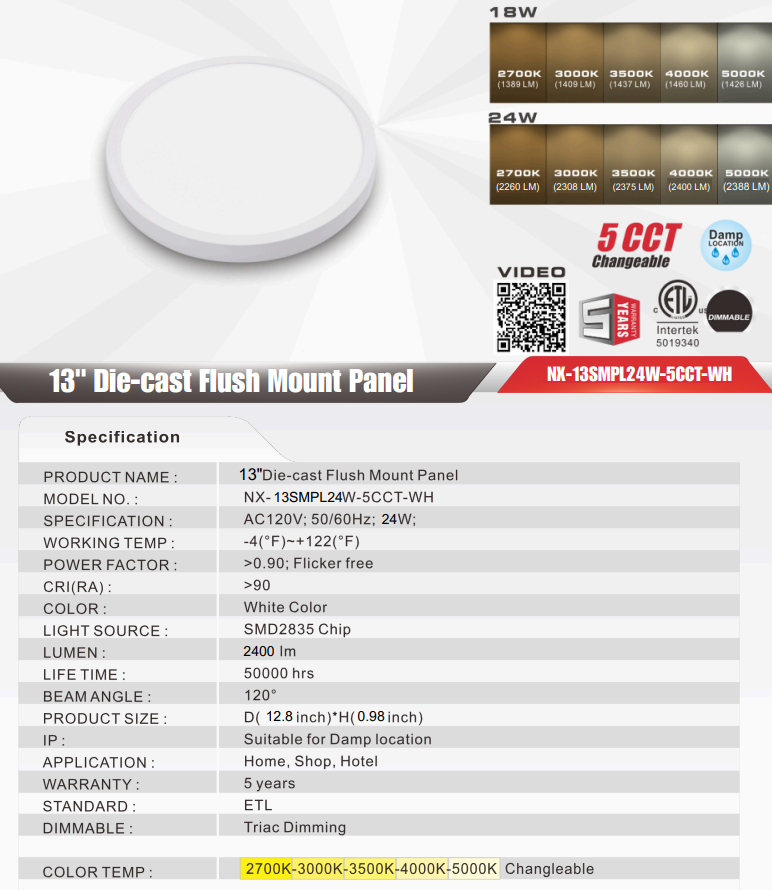 Nexleds Ceiling Light Slim Flush Mount 5CCT 9inch & 11inch & 13inch