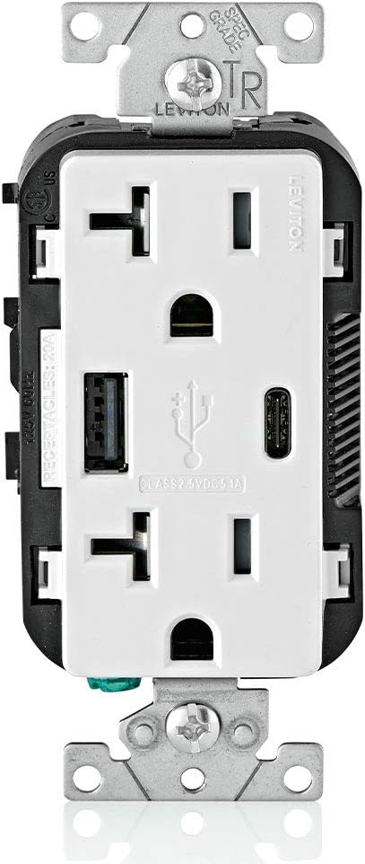Leviton T5833-W 15-Amp Type A & Type-C USB Charger/Tamper Resistant Outlet, Compatible with Apple Devices, Samsung Devices, Google Devices and More – Not for Laptops, White
