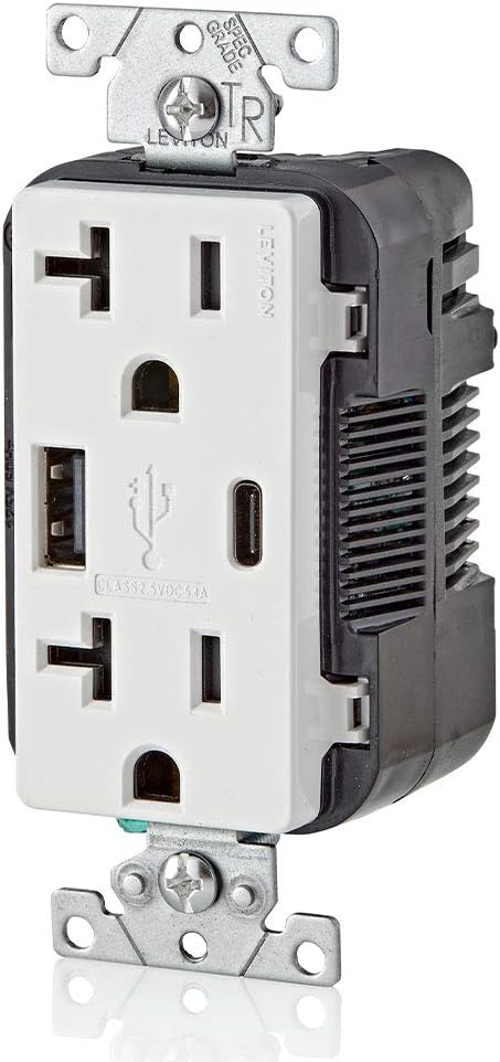 Leviton T5833-W 15-Amp Type A & Type-C USB Charger/Tamper Resistant Outlet, Compatible with Apple Devices, Samsung Devices, Google Devices and More – Not for Laptops, White