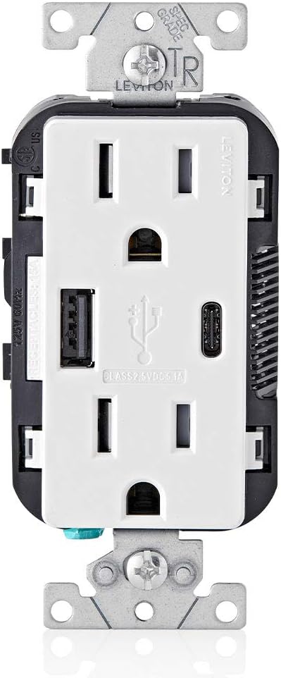Leviton T5633-W 15-Amp Type A & Type-C USB Charger/Tamper Resistant Outlet, Not for Laptops, White, 1 Piece