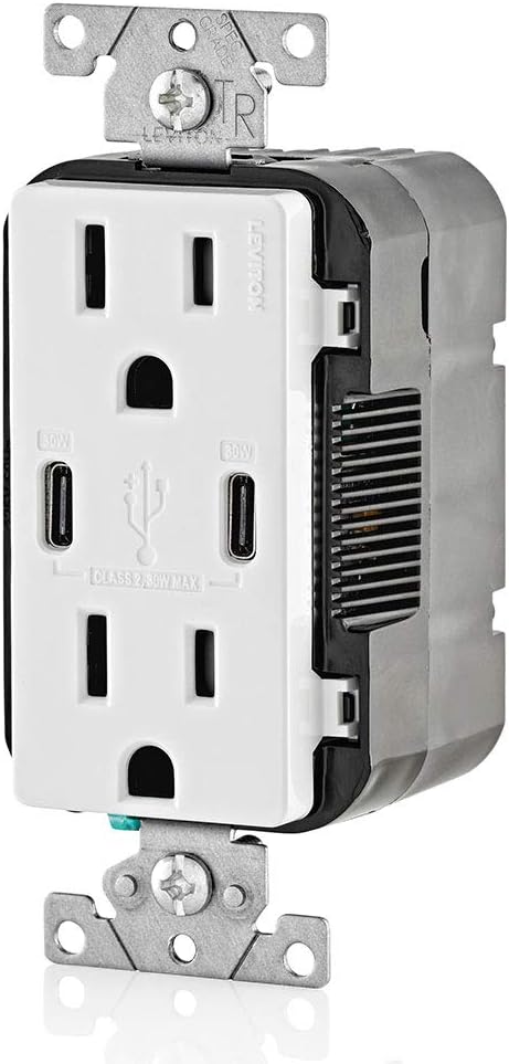 Leviton T5635-W 30W (6A) USB Dual Type-C/C Power Delivery In-Wall Charger with 15A Tamper-Resistant Outlet, USB Charger for Smartphones, Tablets, Laptops, White