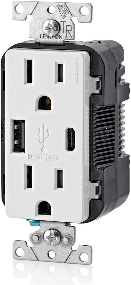 Leviton T5633-W 15-Amp Type A & Type-C USB Charger/Tamper Resistant Outlet, Not for Laptops, White, 1 Piece