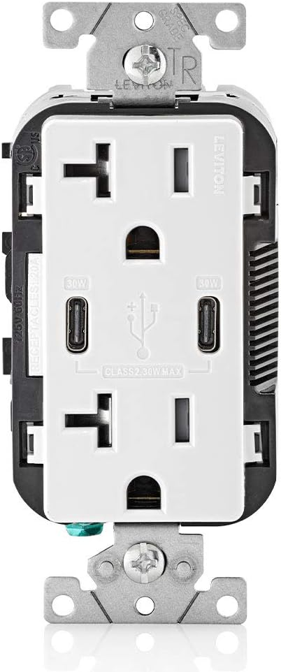 30W (6A) USB Dual Type-C/C Power Delivery Wall Outlet Charger with 20A Tamper-Resistant Outlet, White
