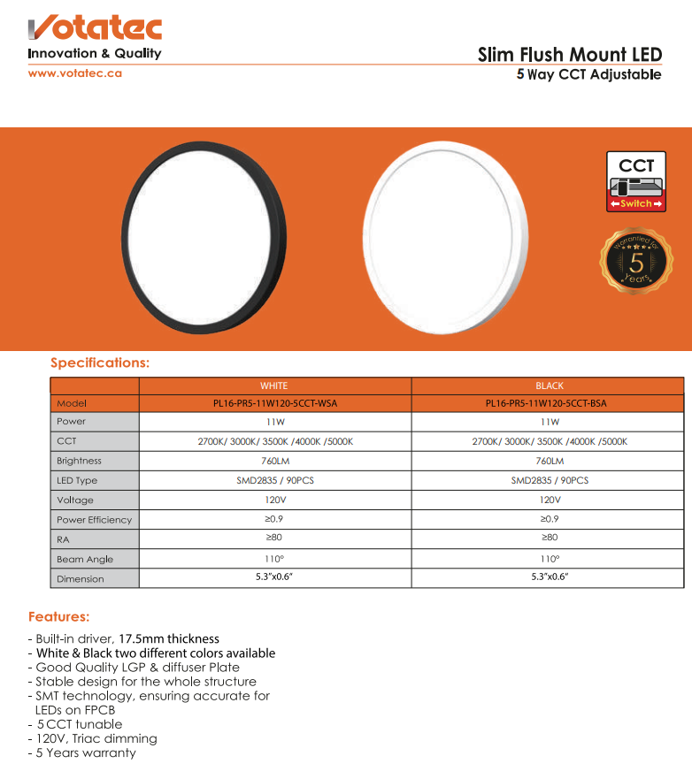 Votatec 5″ Slim Flush Mount 5Way CCT, White & Black