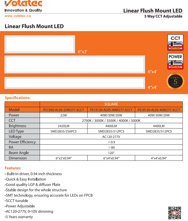 Votatec 6″x2' Linear Flush Mount 5Way CCT