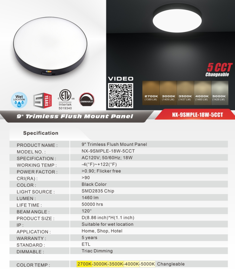 Nexleds 9 inch Trimless black flushmount 5CCT