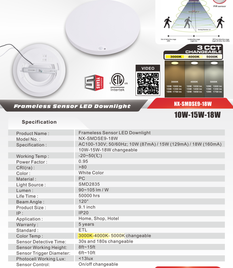 Nexleds 9 inch frameless sensor ceiling light IP45 3CCT