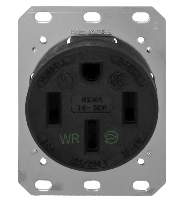 Hubbell Receptacle For EV, HBL9450A Straight Blade Heavy Duty Specification Grade Single Flush Receptacle, 50 Amp, 125/250VAC, 3 Pole, 4 Wire, Black, 9450A
