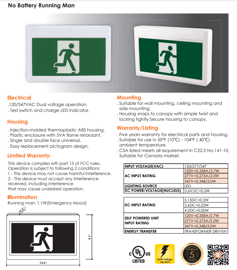 Votatec No Battery Running Man Exit Sign