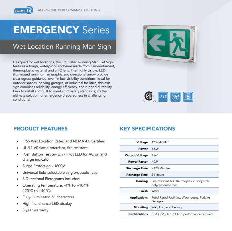 Reno Lighting WET LOCATION RUNNING MAN SIGN | IP65 | 120MINS BATTERY BACK UP | 120-347VAC | 24 HOUR RECHARGE TIME |