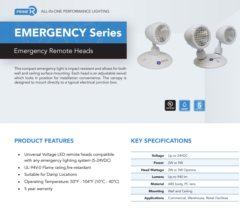 Reno Lighting Double Head Emergency Light | Voltage:5V-24VDC | Lamp Power:2X5W | Lumen:2X430lm | Material: ABS |