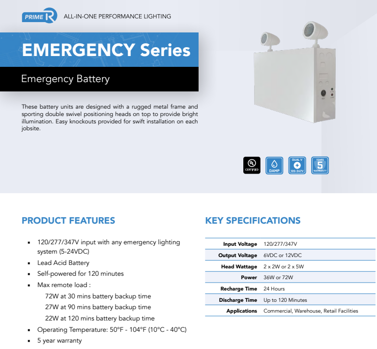 Reno Lighting 72W BATTERY BACK-UP UNIT | White Powder Coated Steel Body | 2 x 5W Heads | Voltage:120V/277V/347V | Output Voltage: 12VDC | Material : Metal Frame/ABS Heads | Up to 120mins Backup time |