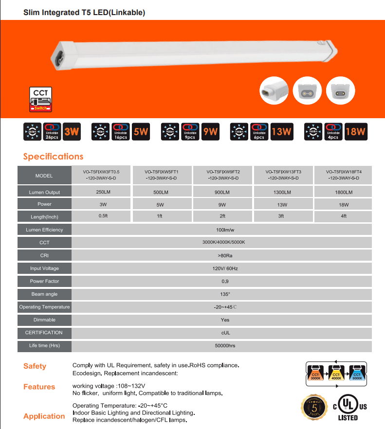 VOTATEC 3Way CCT Adjustable 1FT Linkable T5 Fixture Slim Integrated