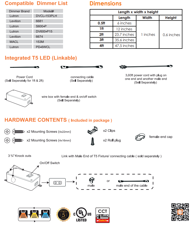 VOTATEC 3Way CCT Adjustable 3FT Linkable T5 Fixture Slim Integrated