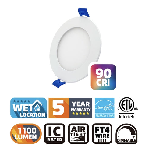 DawnRay 4" LED Round Slim Panel(Potlight) 2700K/3000K/3500K/4000K/5000K(changeable), White/Black/Brushed Nickel, 90+CRI, 12W, 1100LM