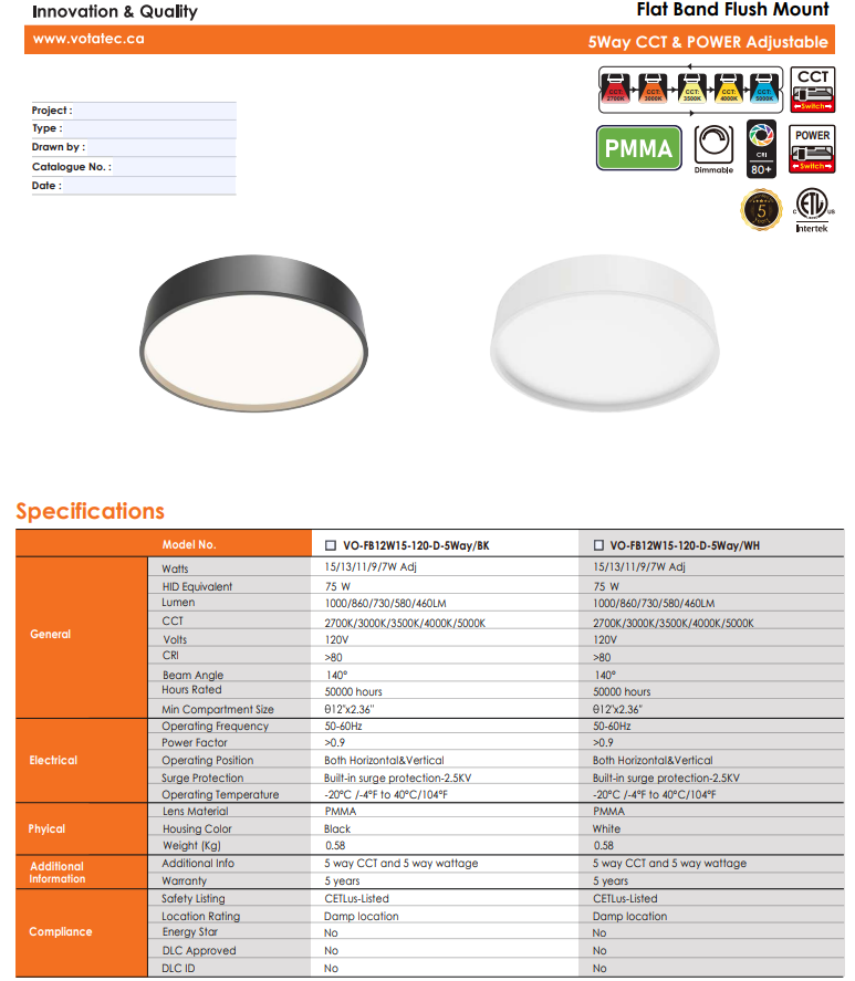Votataec 12″ Flat Band Flush Mount – 5Way CCT & Power Adjustable White & Black
