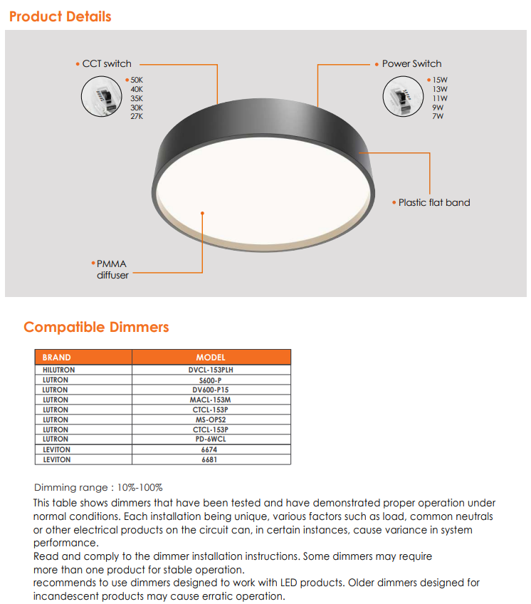 Votataec 12″ Flat Band Flush Mount – 5Way CCT & Power Adjustable White & Black