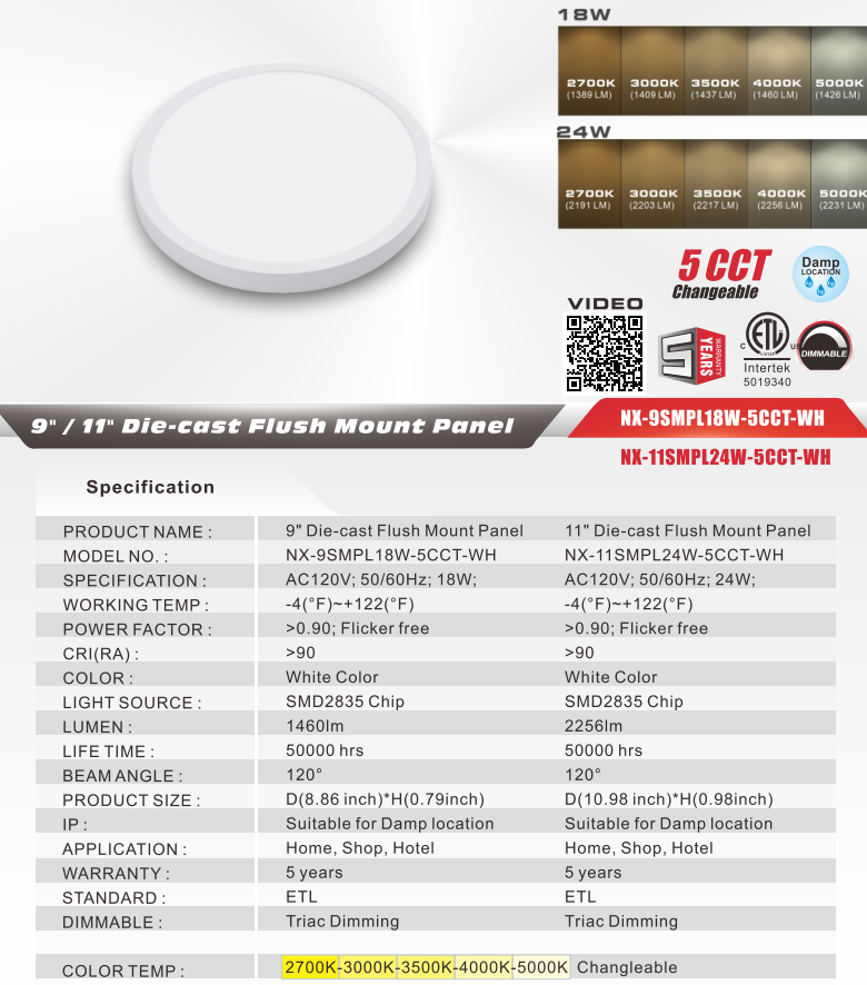 Nexleds Ceiling Light Slim Flush Mount 5CCT 9inch & 11inch & 13inch