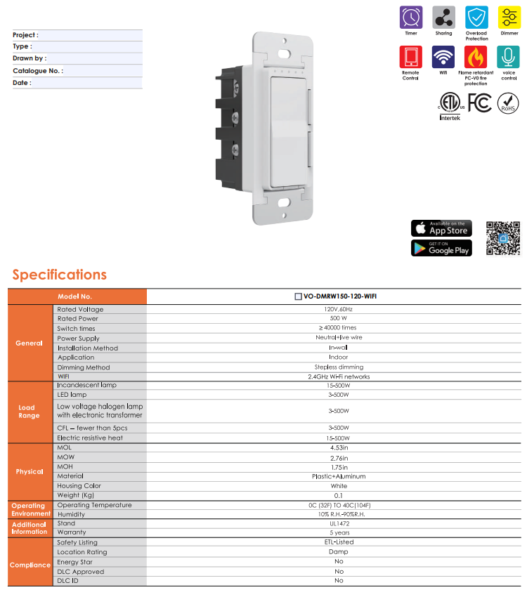 Votatec WIFI Smart Dimmer Switch