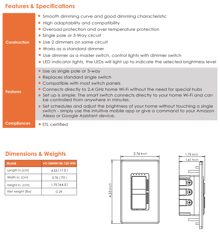Votatec WIFI Smart Dimmer Switch