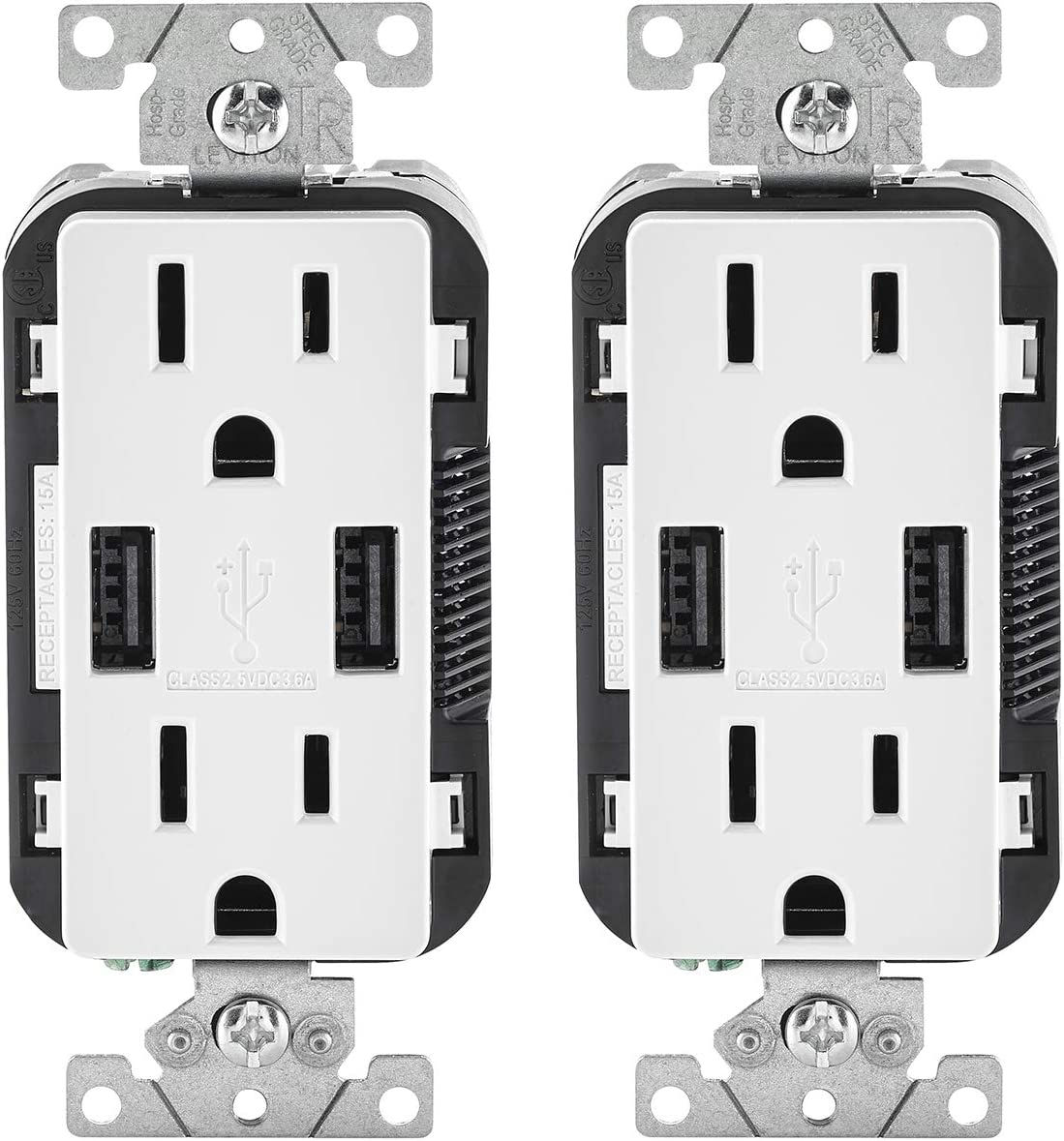 Leviton T5632-2PK USB Type A/A Decora Receptacle 15A 2-Pack in White
