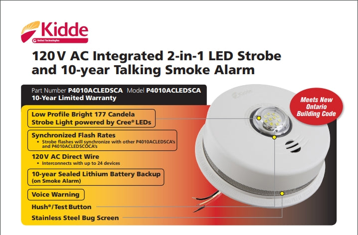Kidde P4010ACLEDSCA 2 in 1 integrated 120 V AC wire-in smoke alarm with LED strobe light--10-year sealed battery backup - Consavvy