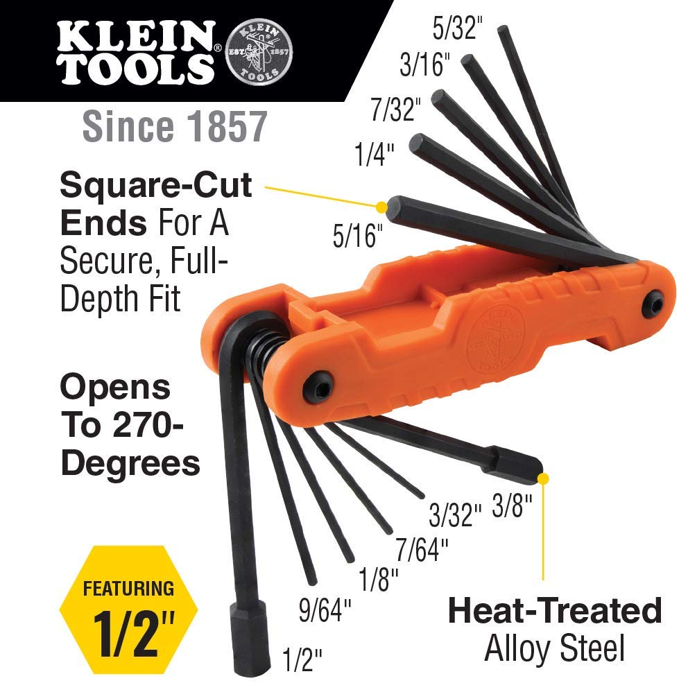 Klein Tools 70550 Pro Folding Hex Key Set, 11 Fractional Inch-Sized Keys - Consavvy