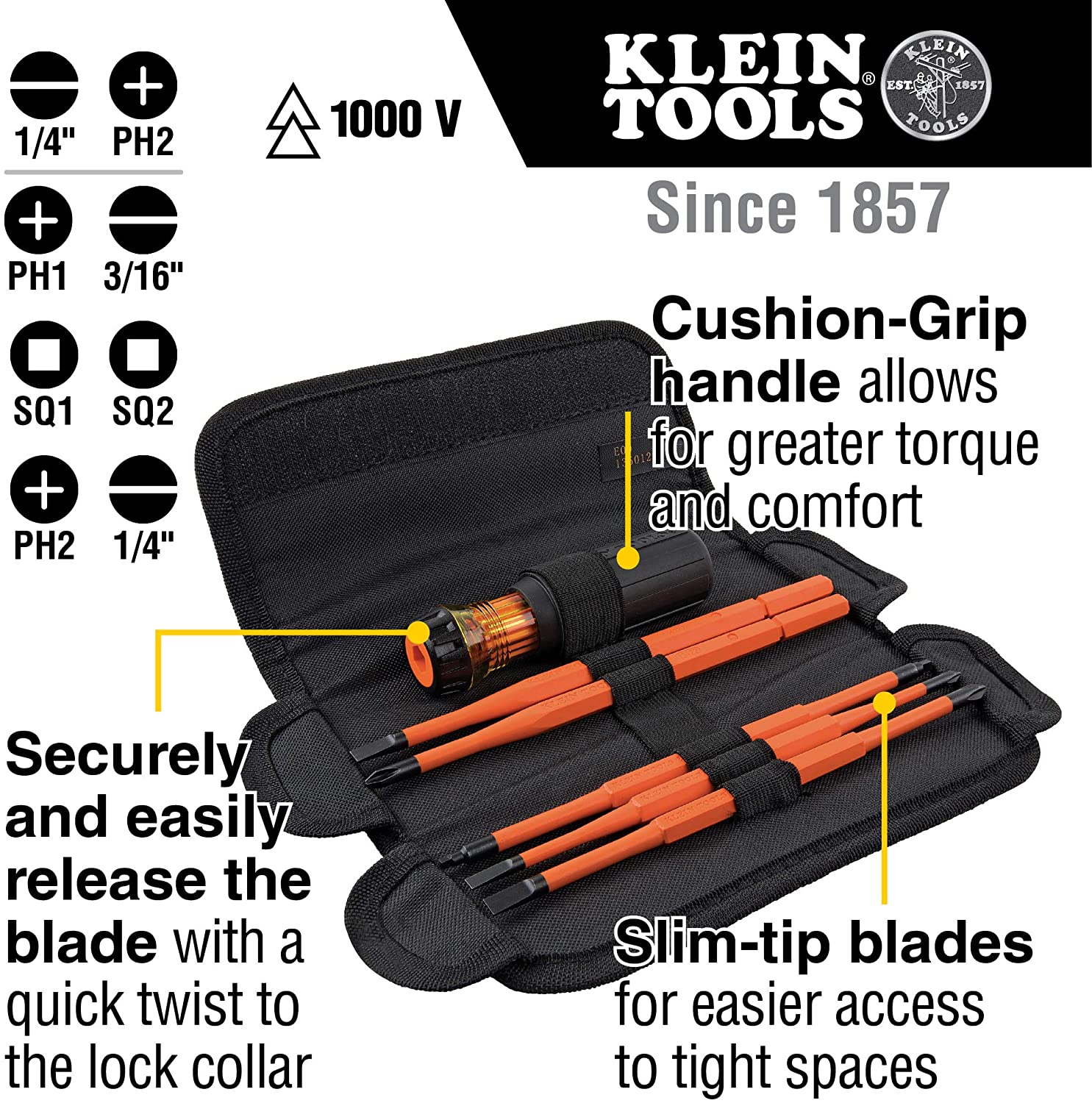 Klein Tools 32288 Insulated Screwdriver, 8-in-1 Screwdriver Set with Interchangeable Blades, 3 Phillips, 3 Slotted & 2 Square Tips