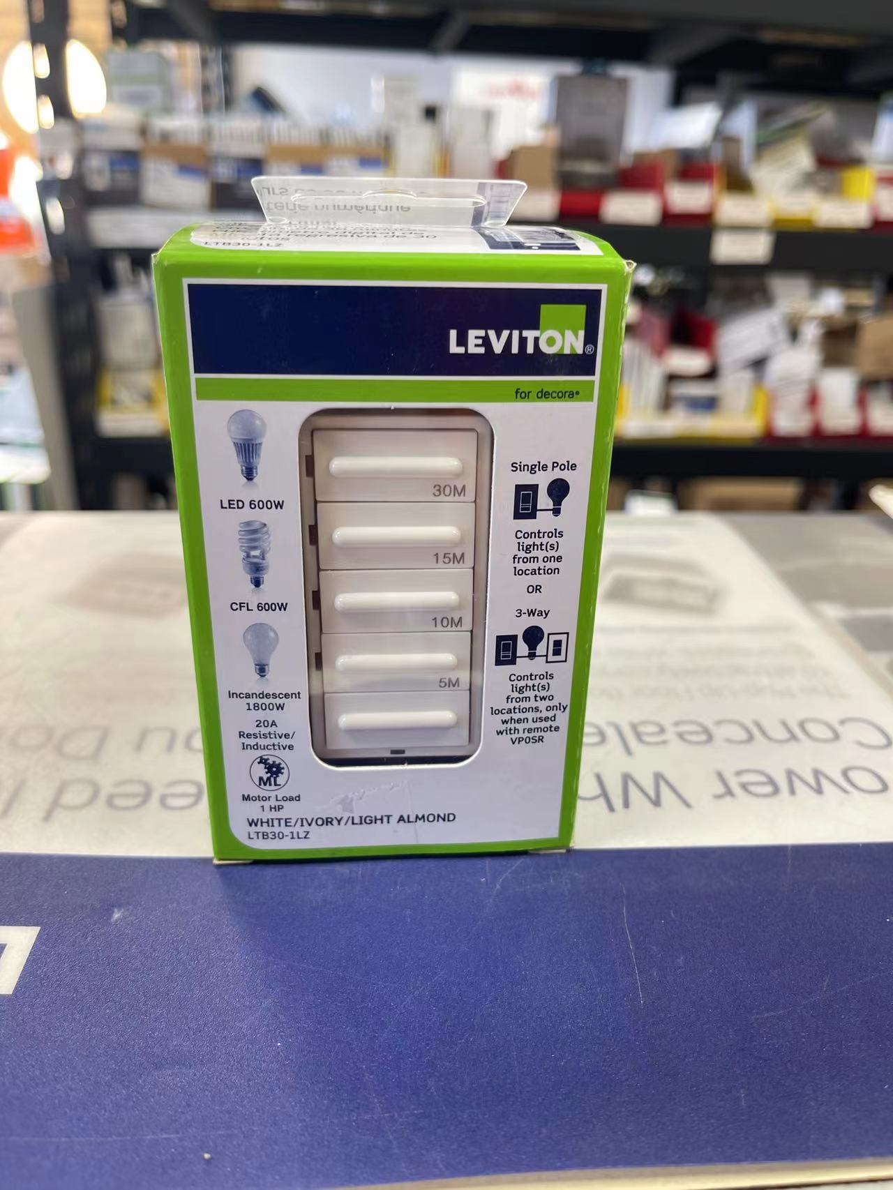 Leviton LTB30-1LZ Decora Preset Resistive/Inductive 30 Minute Countdown Timer