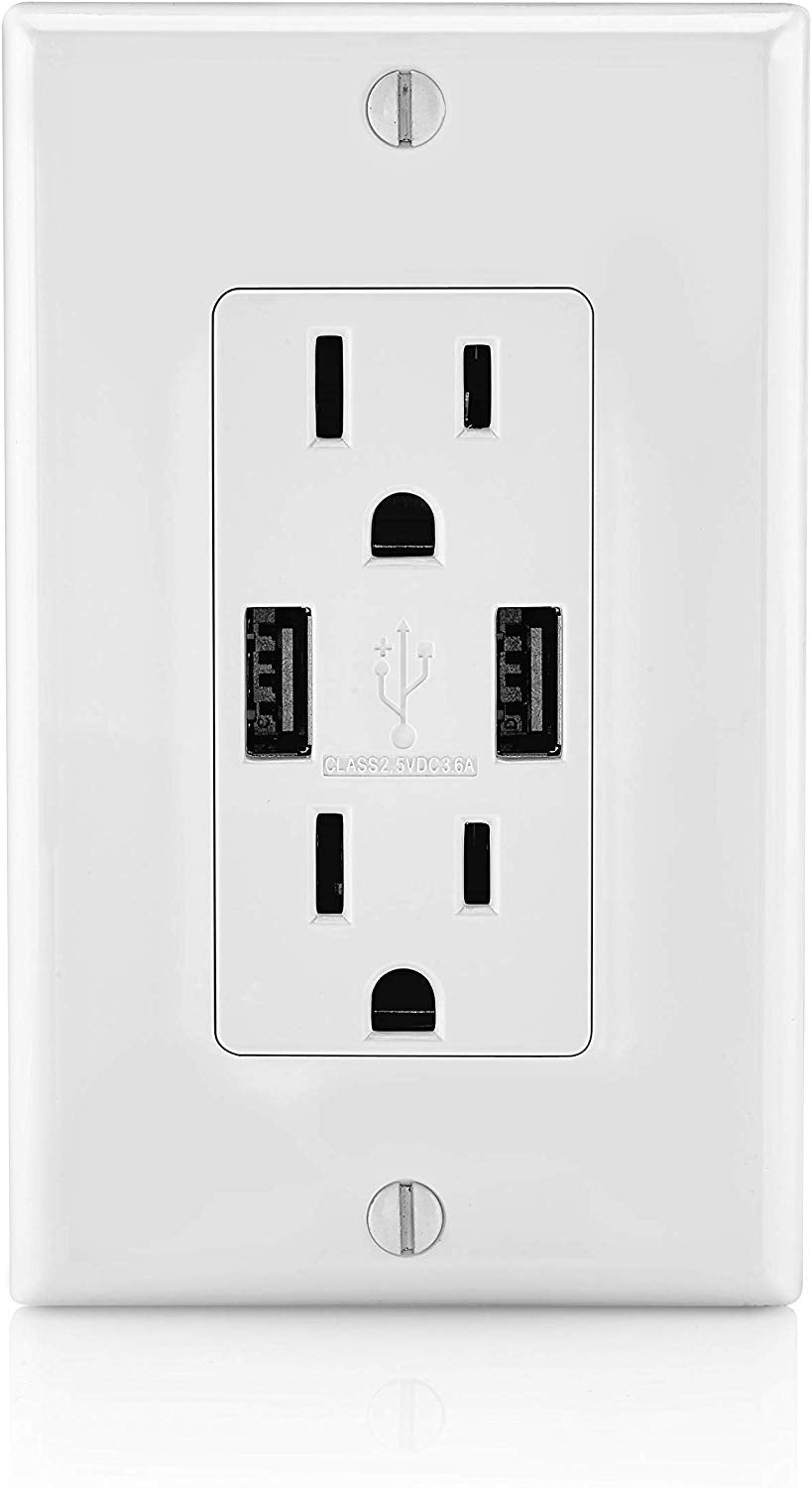 Leviton T5632-2Pk USB Charger/Tamper-Resistant Duplex Receptacle, 15-Amp, 2-Pack, White(wall plates excluded) - Consavvy