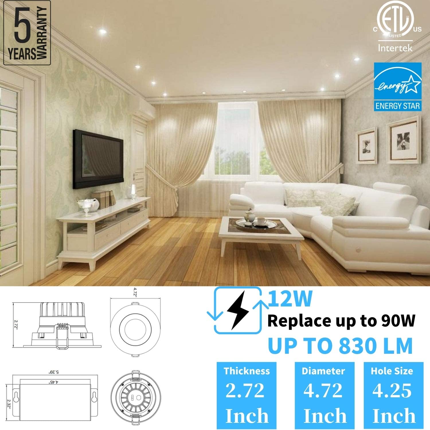 DawnRay 5CCT 4" LED Round Baffle Recessed Light (Potlight) 2700K/3000K/3500K/4000K/5000K(changeable), White/Black/Brushed Nickel, 12W, 830LM