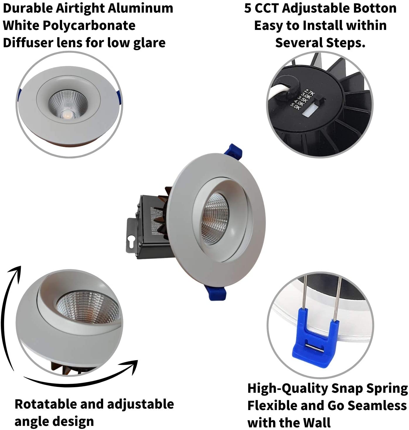 DawnRay 5CCT 4" LED Round Baffle Recessed Light (Potlight) 2700K/3000K/3500K/4000K/5000K(changeable), White/Black/Brushed Nickel, 12W, 830LM