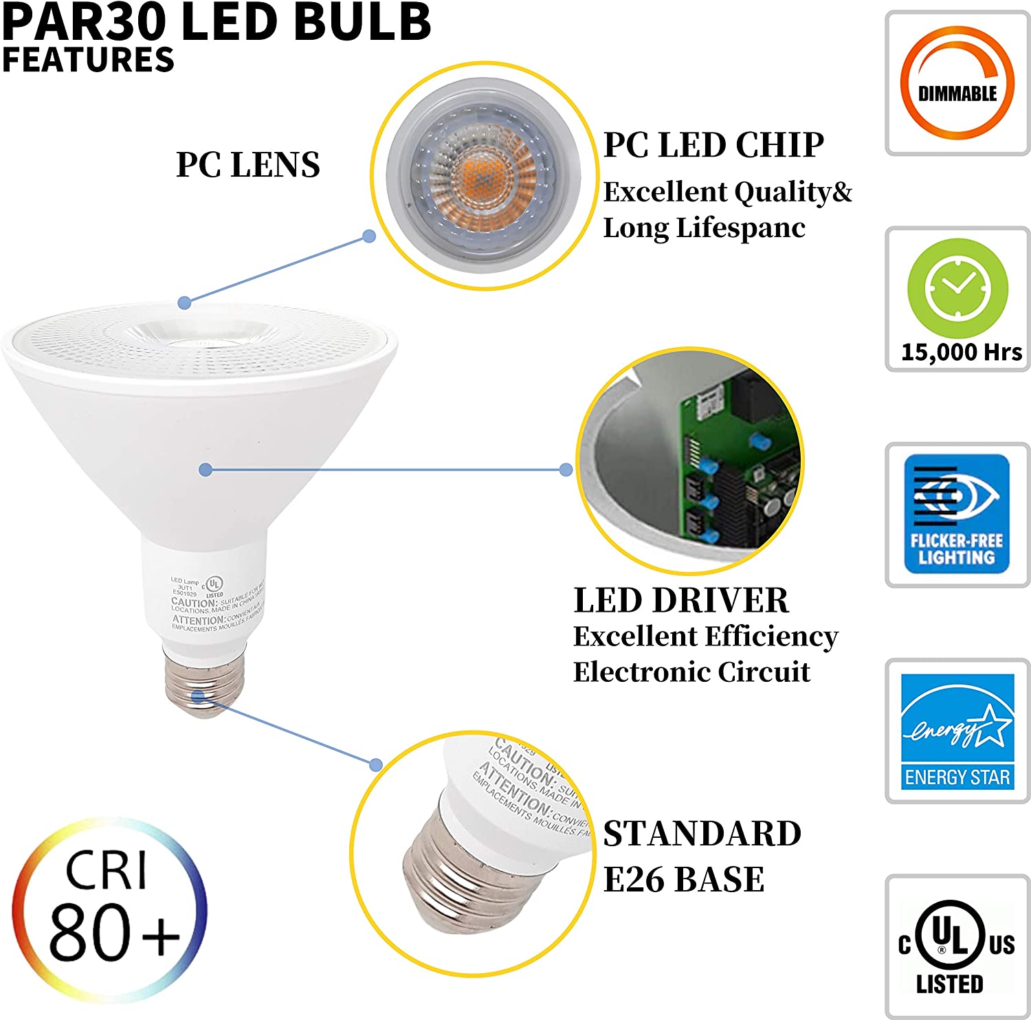 DawnRay LED PAR30, 12W, 800 Lumens, 3000K/5000K, Warm White/Cool White ,Dimmable ,3 Years Warranty