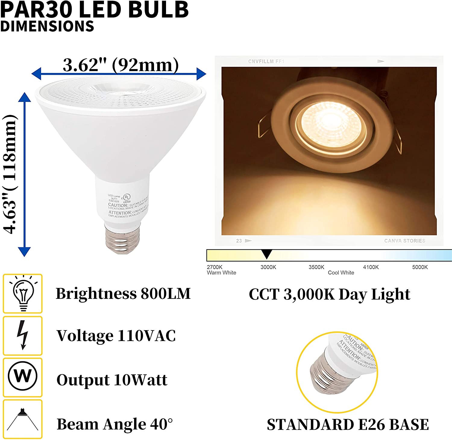 DawnRay LED PAR30, 12W, 800 Lumens, 3000K/5000K, Warm White/Cool White ,Dimmable ,3 Years Warranty